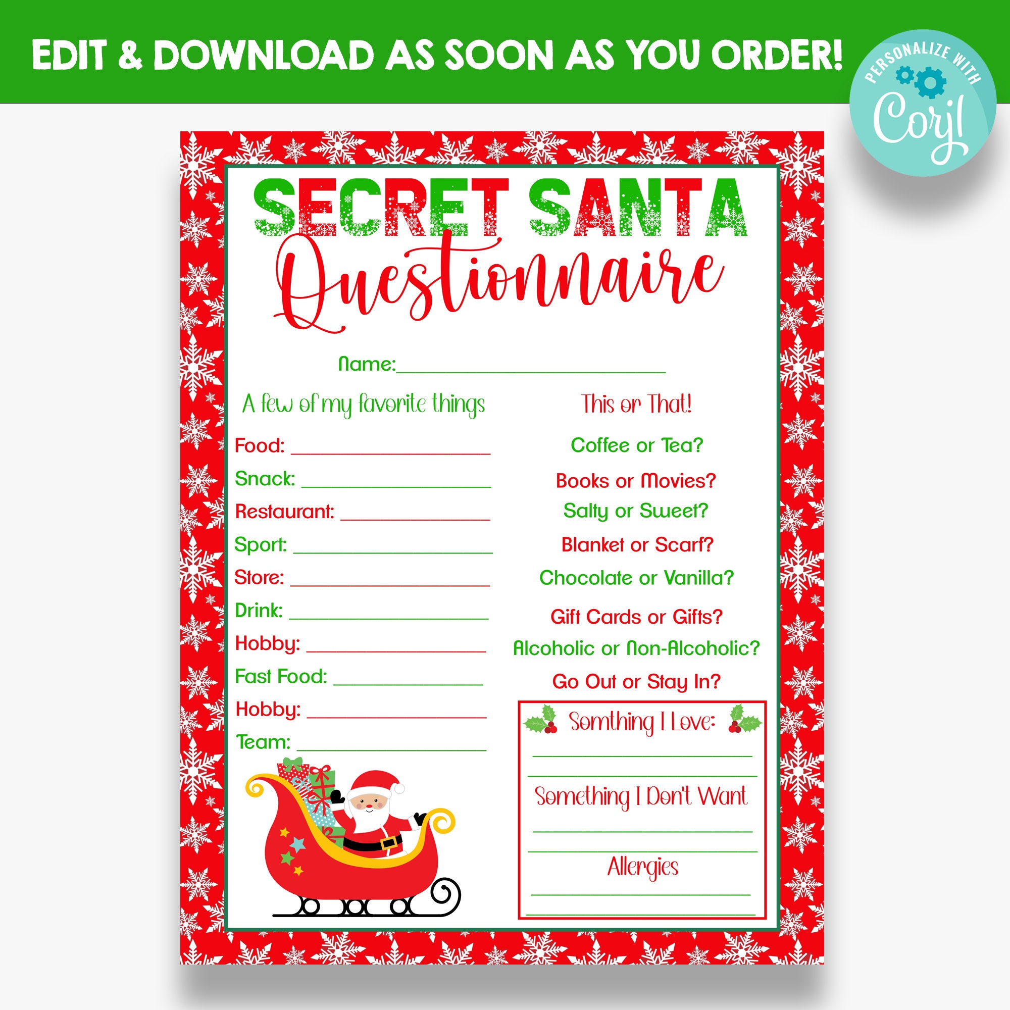EDITABLE Secret Santa Questionnaire Printable Questions For Etsy