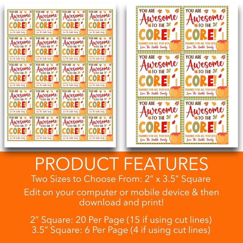 BEWERKBAAR You Are Awesome to the Core Tags voor herfsttraktaties | Karamel appel Thanksgiving bedankkaartjes | Cadeaukaartjes waardering herfstthema afbeelding 3