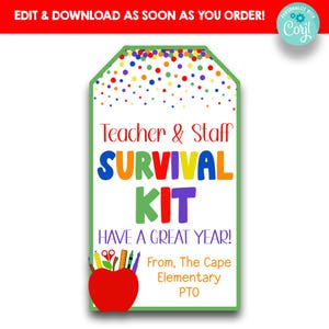 EDITABLE Bright Teacher Survival Kit Treat Bag Tags | Staff Survival Kit Gift Tags | Printable Back to School Teacher Gift Tags