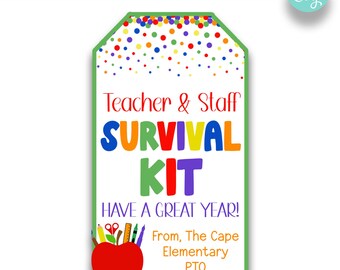 EDITIERBARE Helle Lehrer Survival Kit Leckerli Tasche Tags | Staff Survival Kit Geschenkanhänger | Druckbare Geschenkanhänger für Schullehrer