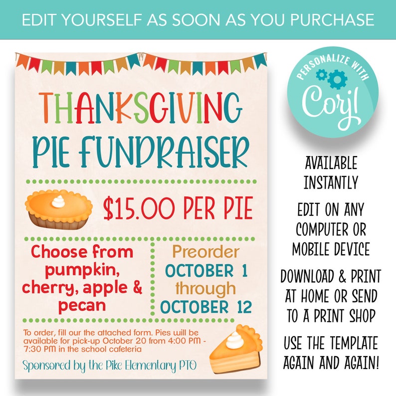 EDITABLE Thanksgiving Pie Fundraiser Flyer Pie Fundraiser Etsy