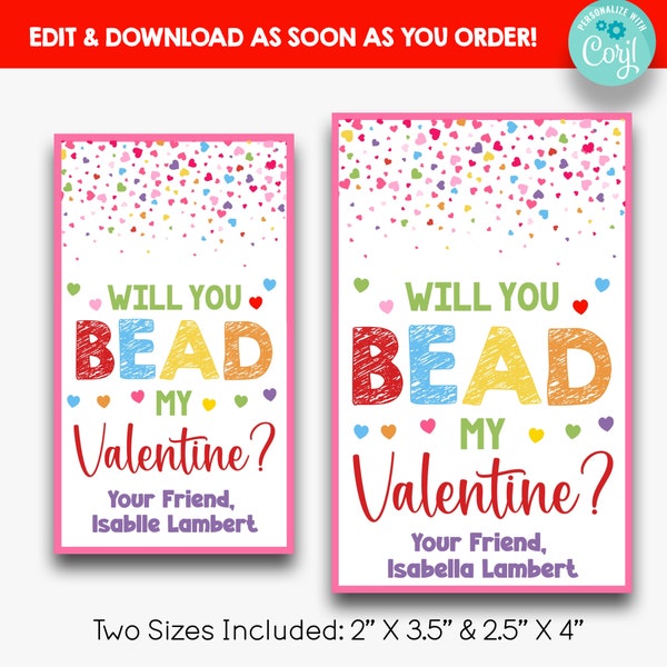 EDITABLE Will You Bead My Valentine Treat Tags | Bracelet Jewelry Valentine Gift Tags | Printable Class Valentines | Two Sizes