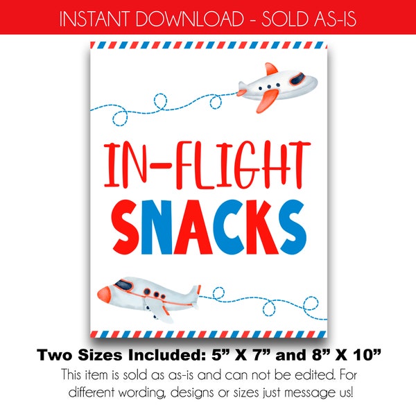 INSTANT DOWNLOAD | In-Flight Snacks Sign | Airplane Birthday Party Food Sign | Travel Themed Birthday Decor | Airplane Party Sign