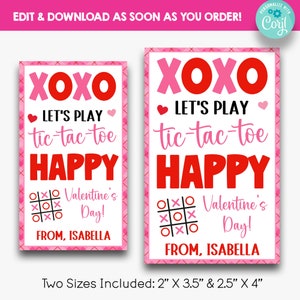 Étiquette pour friandise de Saint-Valentin MODIFIABLE Tic-Tac-Toe | XOXO Jouons au morpion pour enfants | Imprimable Classe Saint-Valentin | Friandises non alimentaires