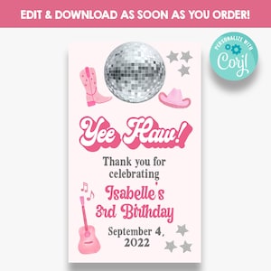 Bearbeitbare Yee Haw Disco Cowgirl Geburtstagsanhänger | Rosa Disco Geburtstag Dankesanhänger | Kindergeburtstagsetiketten | Druckbare | FT159