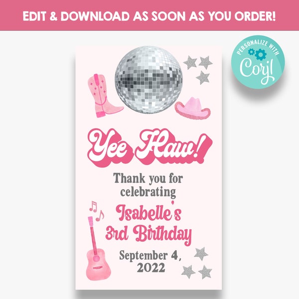 Editable Yee Haw Disco Cowgirl Birthday Favor Tags | Pink Disco Birthday Thank You Tags | Kid's Birthday Favor Labels | Printable | FT159