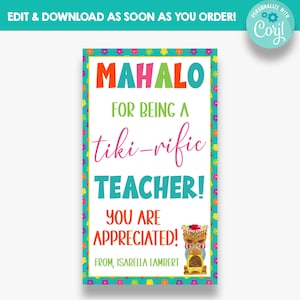 EDITABLE Mahalo for Being a Tiki-Rific Teacher Rectangle Gift Tag | Hawaiian Luau Themed Appreciation Tags | Printable Gift Tag for Teacher