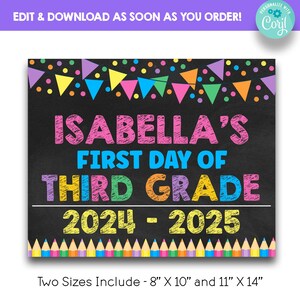 Editable Pastel First Day of Third Grade  Day of School Sign | Printable Chalkboard Back to School Photo Prop | 3rd Grade Photo Prop