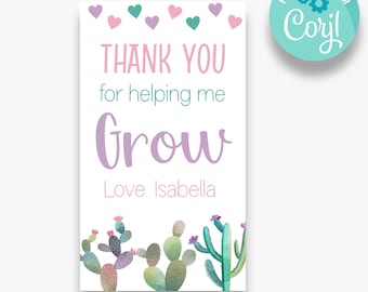 EDITABLE Succulent Teacher Thank You Tags | Thank you for Helping Me Grow Teacher Appreciation Tag | Cactus End of Year Teacher Gift | FT115