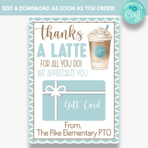 Porte-cartes-cadeaux EDITABLE Latte | Merci à un détenteur de carte-cadeau Latte | Carte-cadeau de café | Titulaire de la carte-cadeau d'appréciation