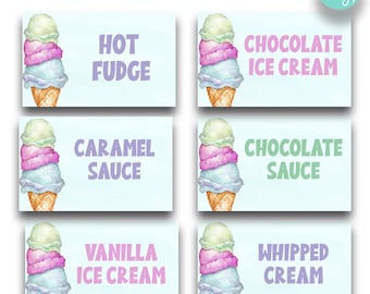 May include: Six printable ice cream cone labels with watercolor illustrations. The labels read: Hot Fudge, Chocolate Ice Cream, Caramel Sauce, Chocolate Sauce, Vanilla Ice Cream, and Whipped Cream.