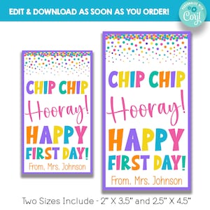 EDITABLE First Day of School Treat Tags | Pastel Chip Chip Hooray Happy First Day Gift Tags | Printable Cookie Back to School Treat Tags