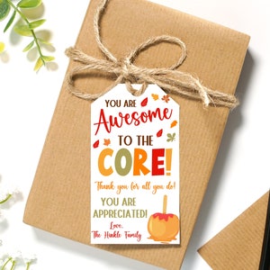 EDITABLE Awesome to the Core Fall Gift Tags | Thanksgiving Appreciation Favor Tag | Printable Caramel Apple Gift Tags | Editable Template