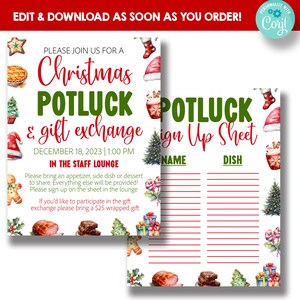 Puede incluir: Una hoja de inscripción para un potluck navideño imprimible con un diseño de acuarela festivo. La hoja de inscripción tiene un fondo verde y blanco con bastones de caramelo rojo y blanco, un hombre de jengibre, un árbol de Navidad y un gorro de Papá Noel rojo y blanco. El texto en la hoja de inscripción dice "Potluck Sign Up Sheet" con las palabras "Name" y "Dish" en la parte superior de las columnas.