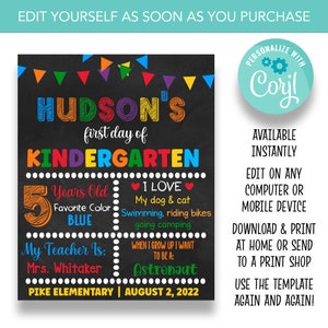 編集可能なパーソナライズされた新学期の看板 | チョークで書かれた新学期の看板 | 原色の学校看板 | あらゆる学年の学校用プリント | BTS147