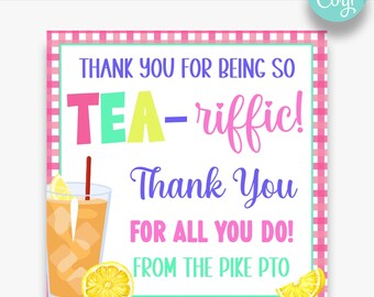 May include: A pink and white checkered thank you card with a glass of iced tea and lemons. The card says "Thank you for being so tea-riffic! Thank you for all you do! From the Pike PTO".