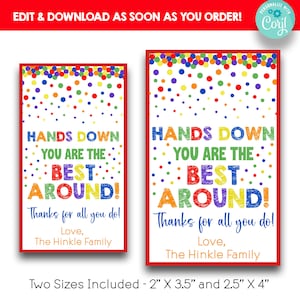 EDITABLE Hands Down You&#39;re the Best Around Appreciation Tags | Teacher Volunteer Staff Thank You Treat Tags | Printable Gift Tags | 2 Sizes