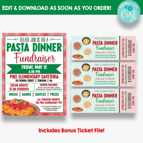 EDITABLE Pasta Dinner Fundraiser Flyer with Bonus Tickets | Printable Pasta Dinner Flyer | Pasta Fundraiser Tickets