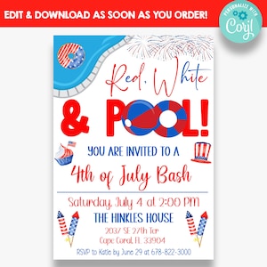 EDITABLE Red, White & Pool 4th Of July Pool Party Invitation | July 4 Party Invitation | Printable Pool Party Invitations