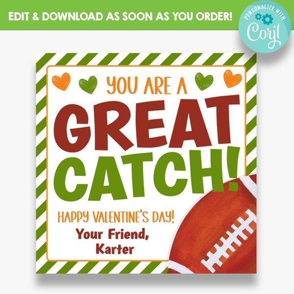EDITABLE You're a Great Catch Valentine's Gift Tags | Printable Football Valentine Tag | Kids Sports Valentines