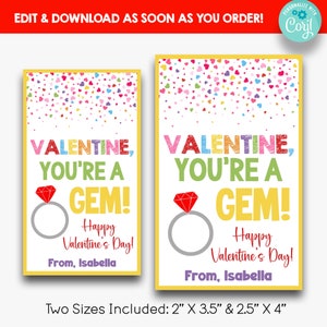 May include: Two printable Valentine's Day cards featuring a ring with a red gem and the text "Valentine, You're a Gem!"  The cards are yellow with a confetti background of colorful hearts. The text "Happy Valentine's Day!" and "From, Isabella" are also included on the cards. The cards are available in two sizes: 2 inches by 3.5 inches and 2.5 inches by 4 inches.
