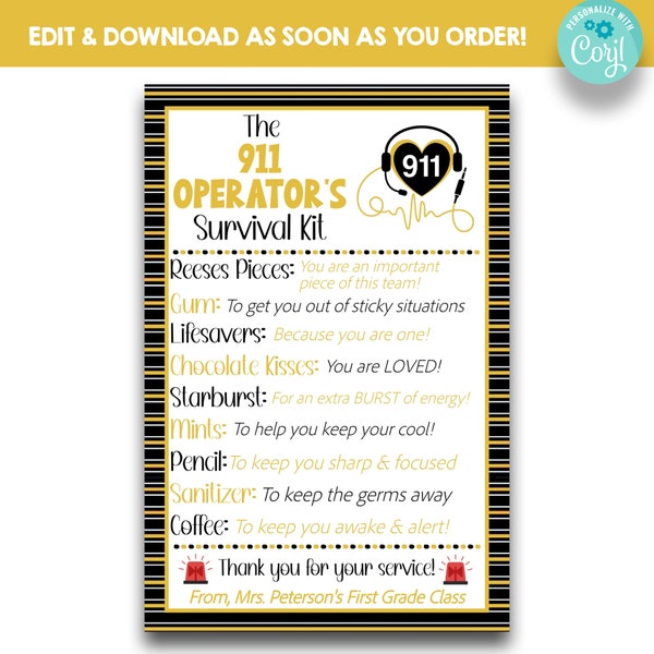 EDITABLE Black & Gold 911 Dispatcher's Survival Kit Tag | 911 Operator Thank You Gift Idea | Printable First Responder Appreciation Gift Tag