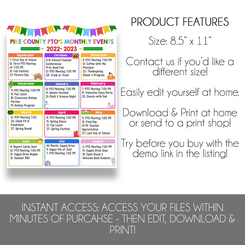 EDITABLE PTO Yearly Calendar of Events PTO Calendar of Etsy