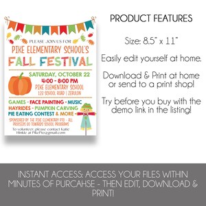 Puede incluir: Folleto imprimible para el Festival de Oto&ntilde;o de la Escuela Primaria Pike. El folleto est&aacute; decorado con hojas de oto&ntilde;o y una calabaza. Incluye la fecha, la hora, la ubicaci&oacute;n y las actividades del festival. El texto dice "Por favor, &uacute;nase a nosotros para el Festival de Oto&ntilde;o de la Escuela Primaria Pike. S&aacute;bado, 22 de octubre, 4:00-8:00 PM, Escuela Primaria Pike, 123 School Road | Zebulon. Juegos - Pintura facial - M&uacute;sica, Paseos en heno - Tallado de calabazas, Concurso de comer pastel & M&aacute;s. Patrocinado por el PTO de la Escuela Primaria Pike - Todos los ingresos van a los programas escolares. Para ser voluntario, comun&iacute;quese con Katie Hinkle en PikePto@gmail.com."