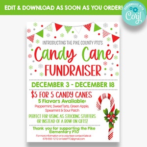 EDITABLE Candy Cane Fundraiser Flyer | Holiday PTO Fundraising Flyers | Christmas School Fundraiser Template