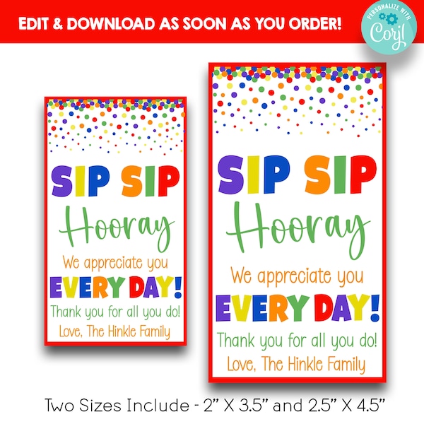 EDITABLE Sip Sip Hooray You Are Appreciated Every Day Appreciation Gift Tags | Wine Gift Tag | Drink Gift Basket Thank You Gift Tag