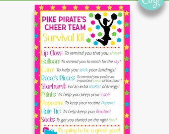 May include: Pink and yellow printable cheer team survival kit sign with a black silhouette of a cheerleader with pom-poms. The sign lists items like lip gloss, balloon, gum, Reece's Pieces, Starburst, mints, popcorn, hair tie, and socks. The text reads "Pike Pirate's Cheer Team Survival Kit" and "It's going to be a great year! Love, your Team Moms."