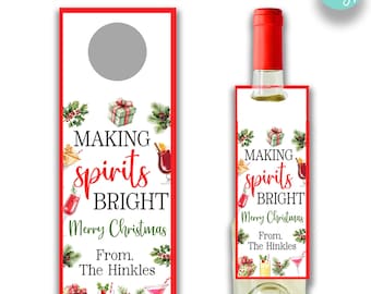 BEWERKBAAR Making Spirits Bright Liquor Kerstcadeaukaartjes | Cadeaukaartjes voor de feestdagen wijnfles | Kersttags met cocktailthema