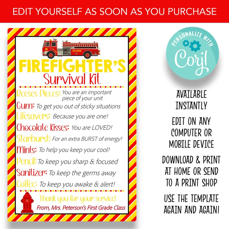 EDITABLE Firefighter's Survival Kit Tag Fireman Gift - Etsy