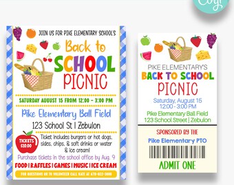 May include: A colorful invitation for a back to school picnic at Pike Elementary School. The invitation features a picnic basket with fruit and a checkered tablecloth. The text reads "Back to School Picnic" and includes the date, time, and location. The invitation also includes a ticket with a barcode and the text "Pike Elementary PTO" and "Admit One".