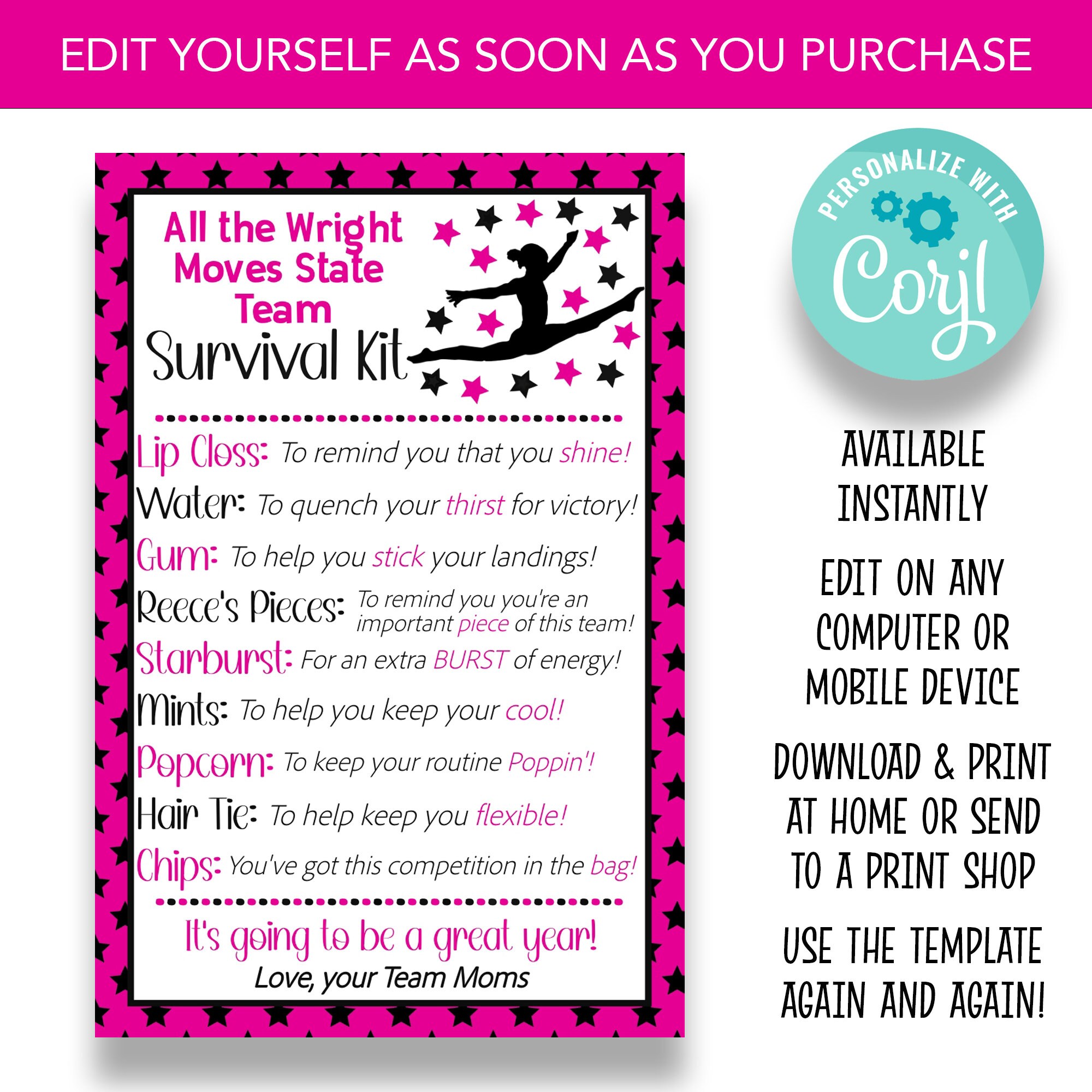 EDITABLE Pink & Black Gymnastics Survival Kit Cards Etsy