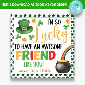 EDITABLE I&#39;m Lucky to Have an Awesome Friend St. Patrick&#39;s Day Gift Tags | Friend Favor Labels | Printable St. Patrick&#39;s Day Tags