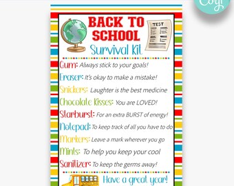 May include: A colorful printable back to school survival kit with a list of items and their meanings. The list includes gum, eraser, snickers, chocolate kisses, starburst, notepad, markers, mints, and sanitizer. The printable features a school bus, a globe, and a test paper. The text reads "Back to School Survival Kit" and "Have a great year! From Mrs. Hudson."