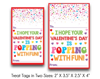 Puede incluir: Dos etiquetas de golosinas imprimibles para el Día de San Valentín con un fondo de confeti colorido y el texto "¡Espero que tu Día de San Valentín esté lleno de diversión!" Las etiquetas están disponibles en dos tamaños: 2" x 3,5" y 2,5" x 4".