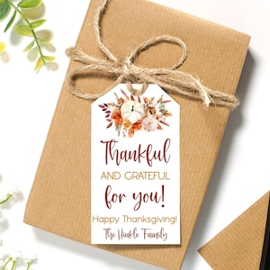 EDITABLE Thankful & Grateful For Your Thanksgiving Favor Tags | Burgundy Floral Fall Appreciation Gift Tags | Thanksgiving Treat Bag Tags