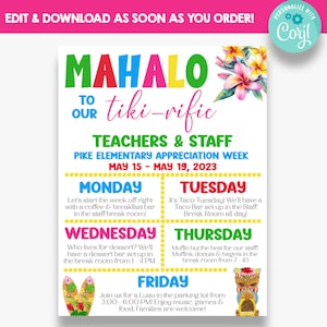 Itinerario EDITABLE de la Semana de Agradecimiento a los Maestros con el tema Luau / Mahalo to Our Tiki-Rific Teachers Sign / Horario de la Semana de Agradecimiento a los Maestros
