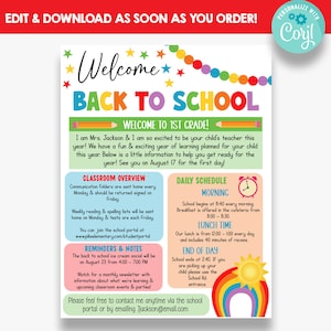EDITABLE Bienvenido de nuevo a la escuela Rainbow Newsletter / Carta de regreso a la escuela / Folleto de clase de casa abierta imprimible / Carta de información de clase