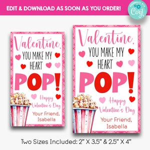 May include: Two printable Valentine's Day cards featuring a popcorn bucket and the text "Valentine, You Make My Heart POP! Happy Valentine's Day Your Friend, Isabella". The cards are available in two sizes: 2 inches by 3.5 inches and 2.5 inches by 4 inches.