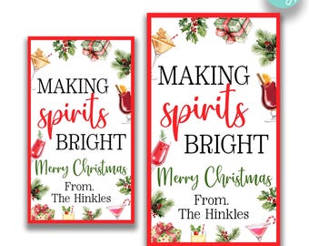 BEWERKBAAR Making Spirits Bright kersttags | Afdrukbare wijncadeaukaartjes | Alcohol kerstcadeaukaartjes | Gepersonaliseerde cadeaulabel voor de feestdagen