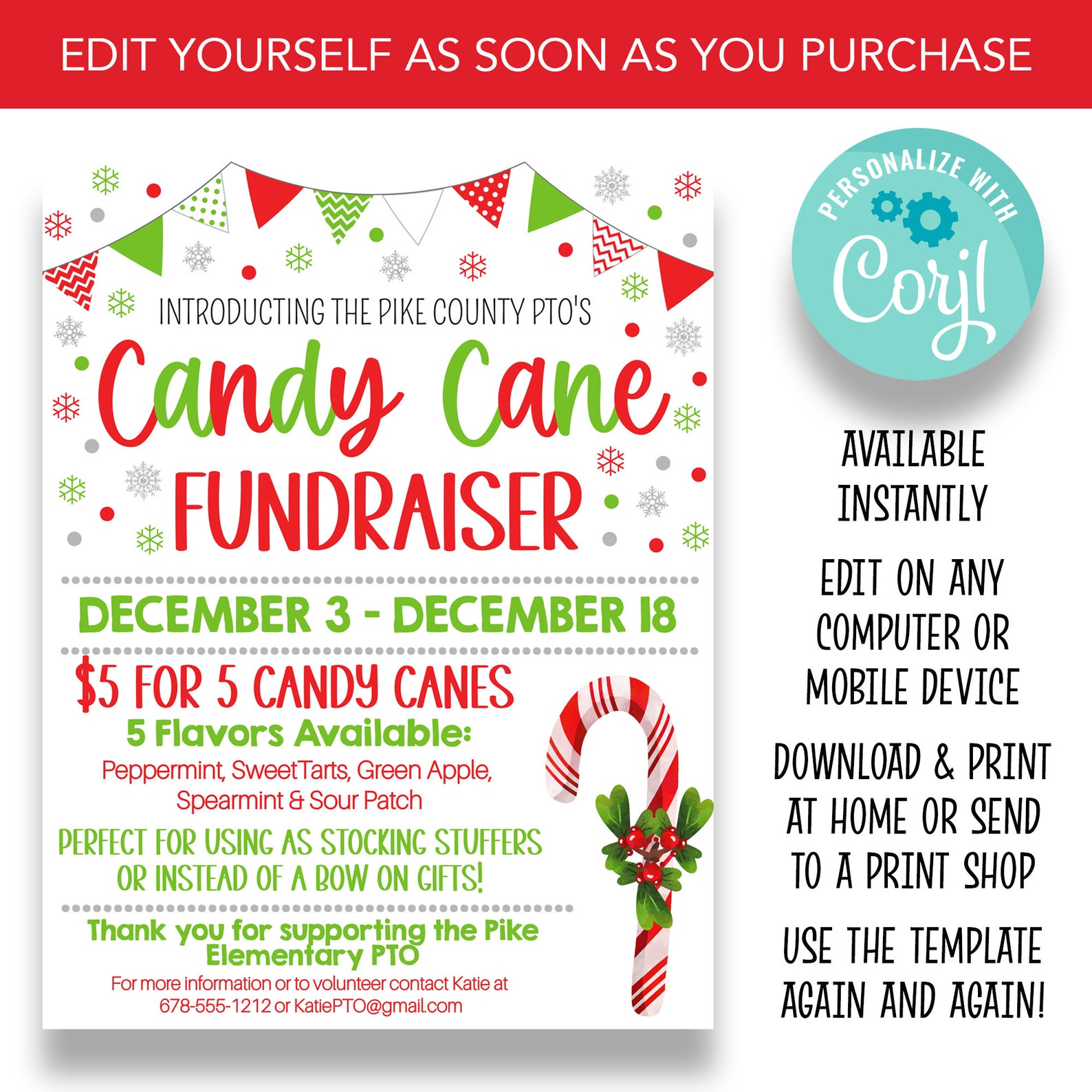 EDITABLE Candy Cane Fundraiser Flyer Holiday PTO Fundraising Etsy