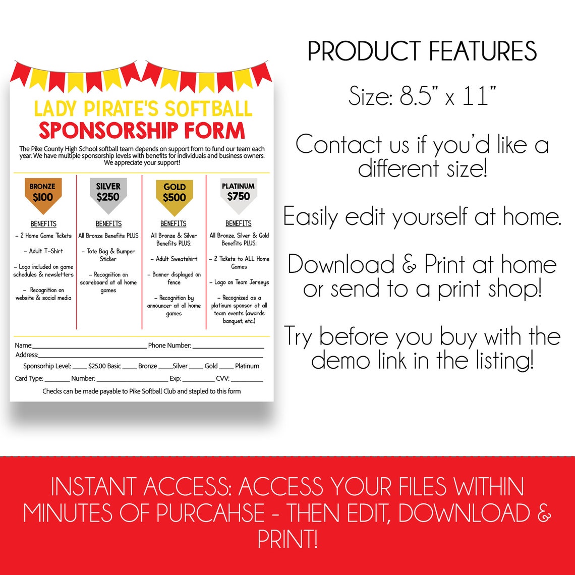EDITABLE Softball Sponsorship Form Softball Membership Form - Etsy