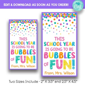 May include: Two printable signs with a colorful confetti background. The text on the signs reads "This school year is going to be bubbles of fun!" with the words "bubbles" and "fun" in a rainbow of colors. The signs are available in two sizes: 2 inches by 3.5 inches and 2.5 inches by 4.5 inches.