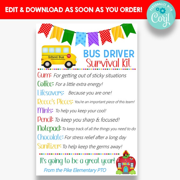 EDITABLE Bus Driver's Survival Kit Tag | Back to School bus Driver Gift Idea | School Appreciation Gift Tags | Printable School Gift Tag