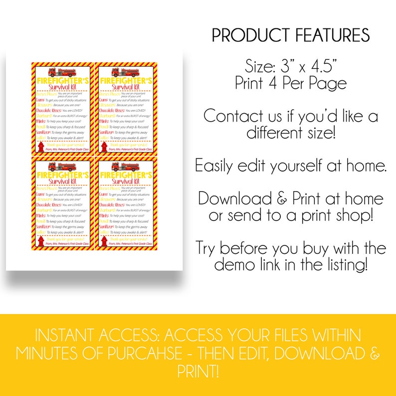 EDITABLE Firefighter's Survival Kit Tag Fireman Gift - Etsy