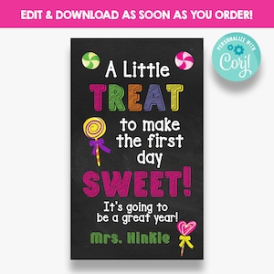 Editable Chalk Background Sweet Treat Welcome Back to School Tags | Printable First Day of School Treat Bag Labels