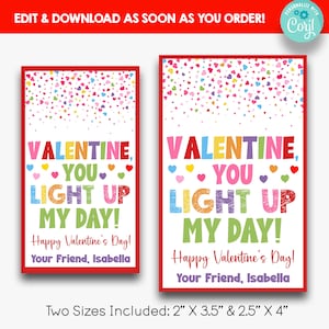 EDITIERBAR Sie beleuchten meinen Tag des Kindes Valentinstag Leckerbissen Tags | Glow Stick Valentine Geschenkanhänger | Druckbare Klasse Valentinstage | Zwei Größen